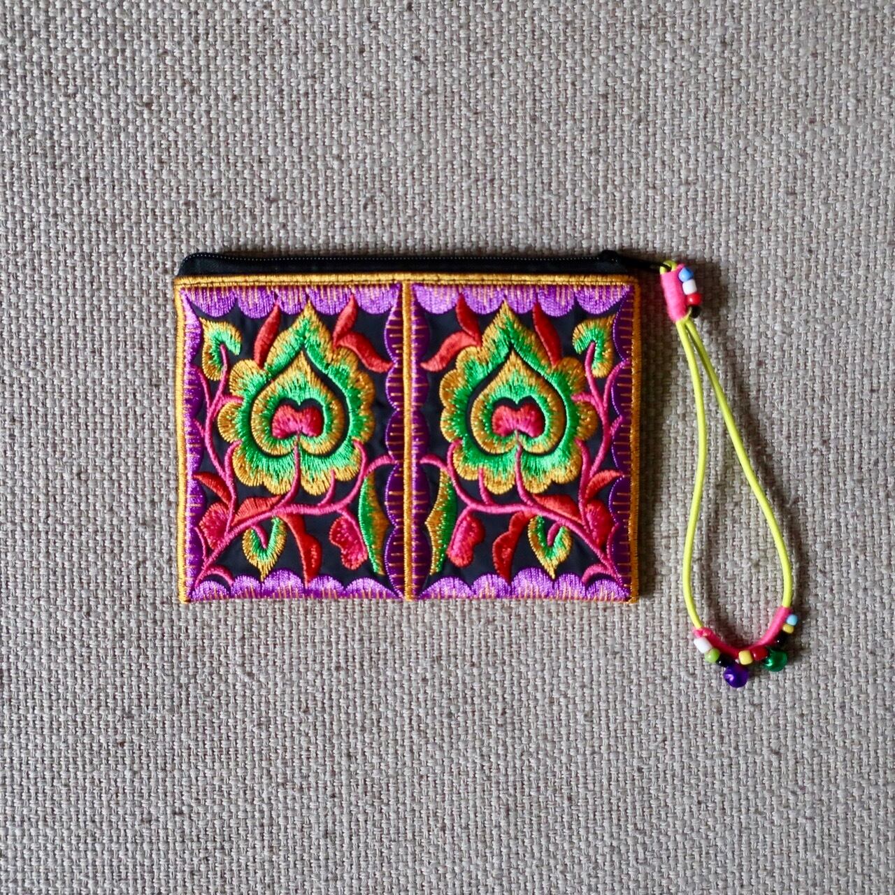 ベトナム雑貨】民族刺繍ポーチ：パープル＆取手オレンジ | Sáng art