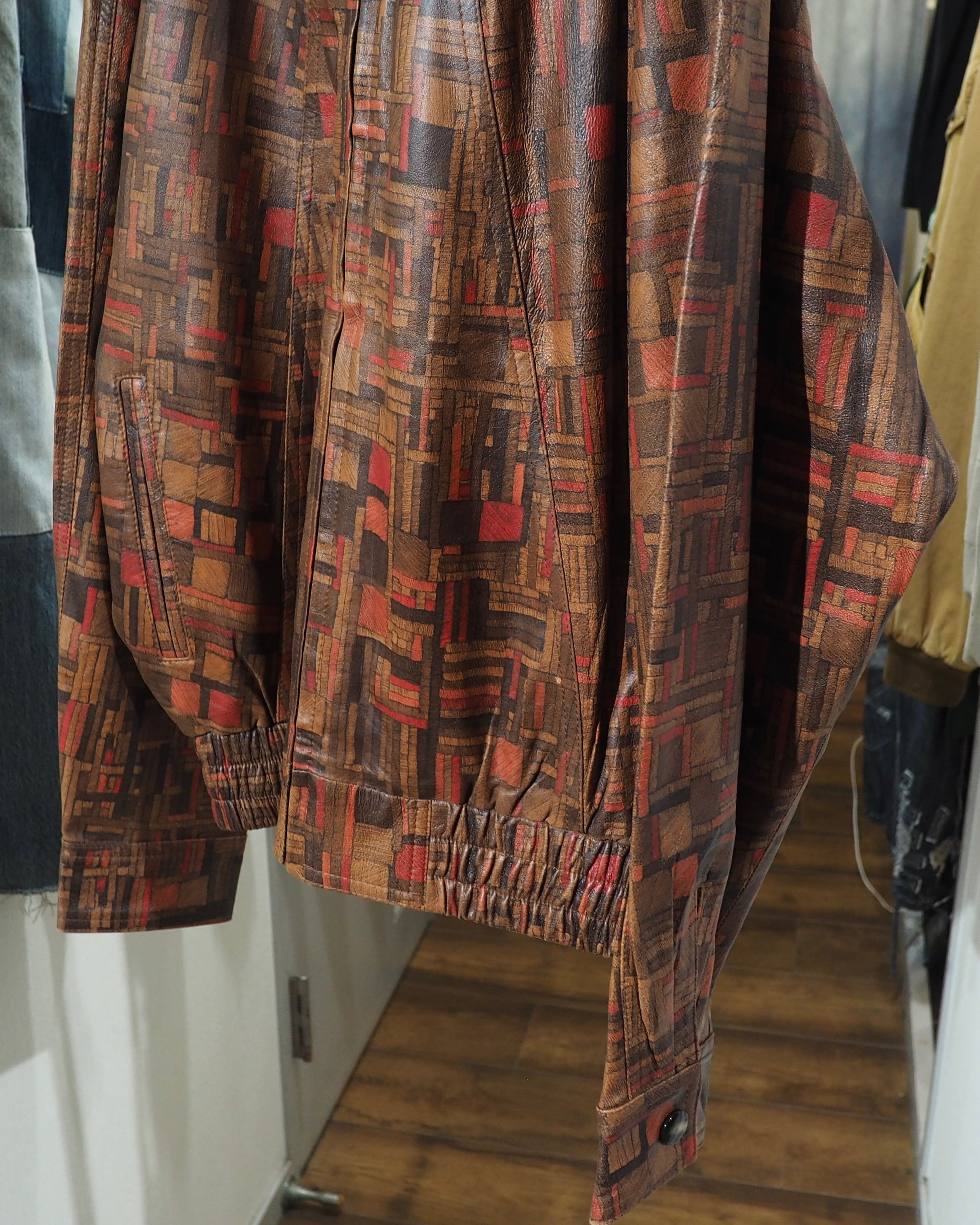 1990s Beautiful Abstract Square Pattern Vintage Loose Sheep Leather Jacket