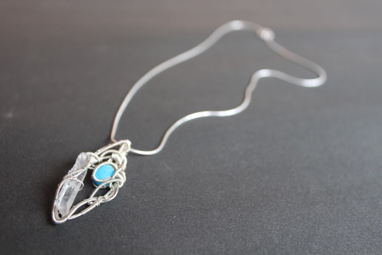 Turquoise & Crystal point silver925 wire wrapping pendant