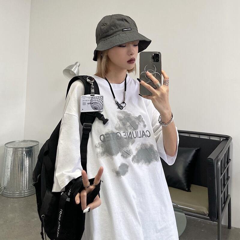 スタイルロングルーズサマーカジュアルプリントTシャツ ラウンドネックトップス かわいい 夏物 Oネック ケッペル89950050848