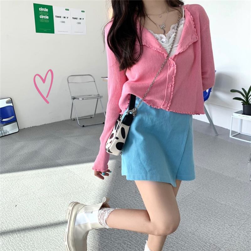 キクラゲのショートスリム長袖セーター女性の2020年秋の新しい甘いピンクの小さなカーディガンジャケット ブラックストロベリース98299106520