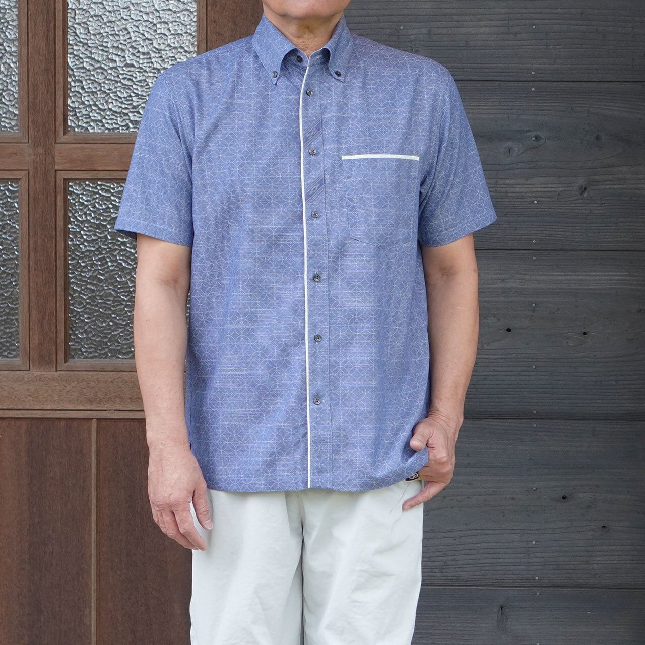 綿ポリ麻・七宝 ボタンダウン 半袖 シャツ [MINSAH] メンズ かりゆし