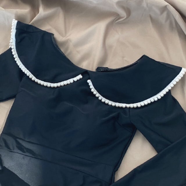 襟付き 長袖 ワンピース水着 レース セーラーカラー ラッシュガード