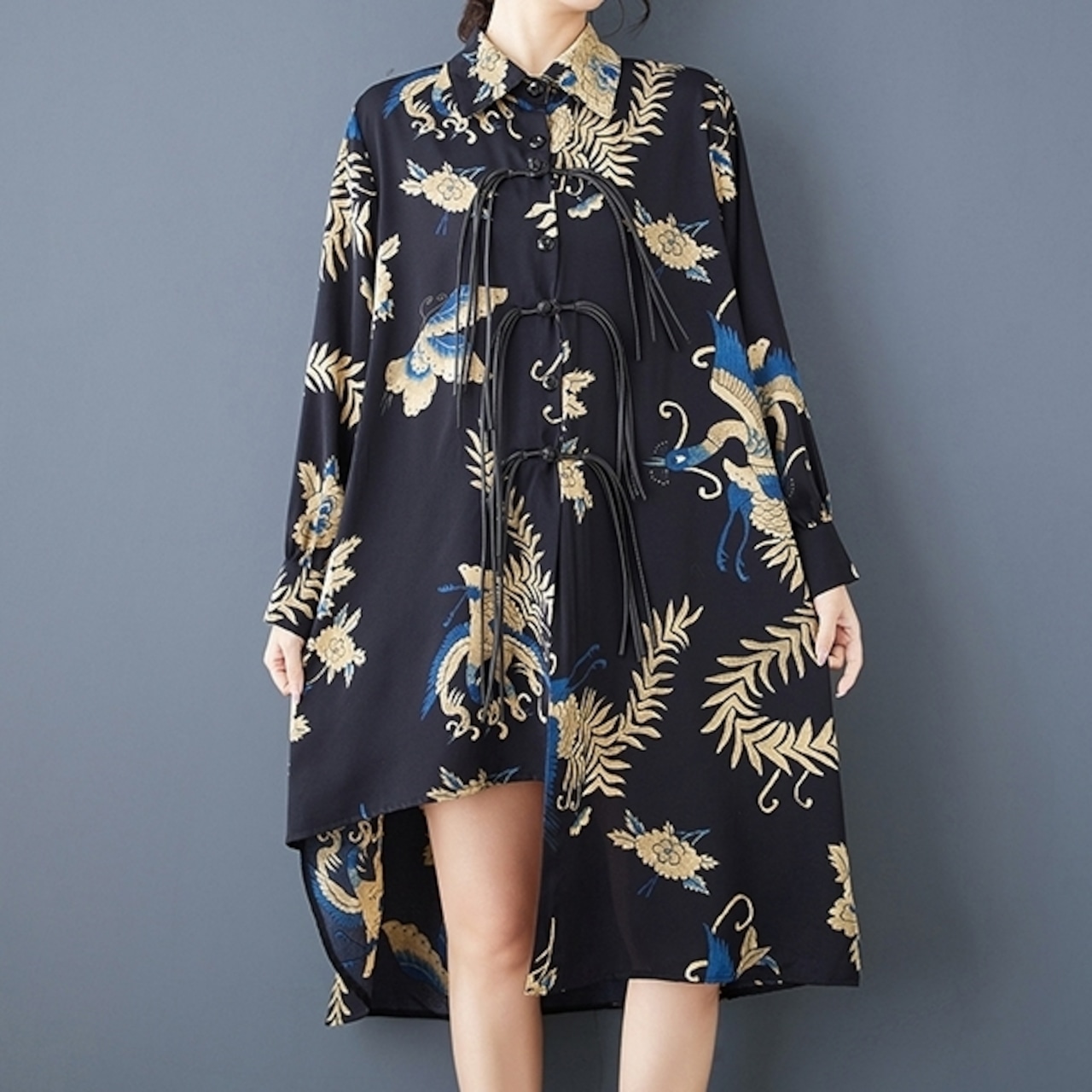 アシンメトリーヘム 紐装飾 ロングシャツ 00073