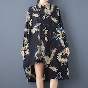 アシンメトリーヘム 紐装飾 ロングシャツ 00073