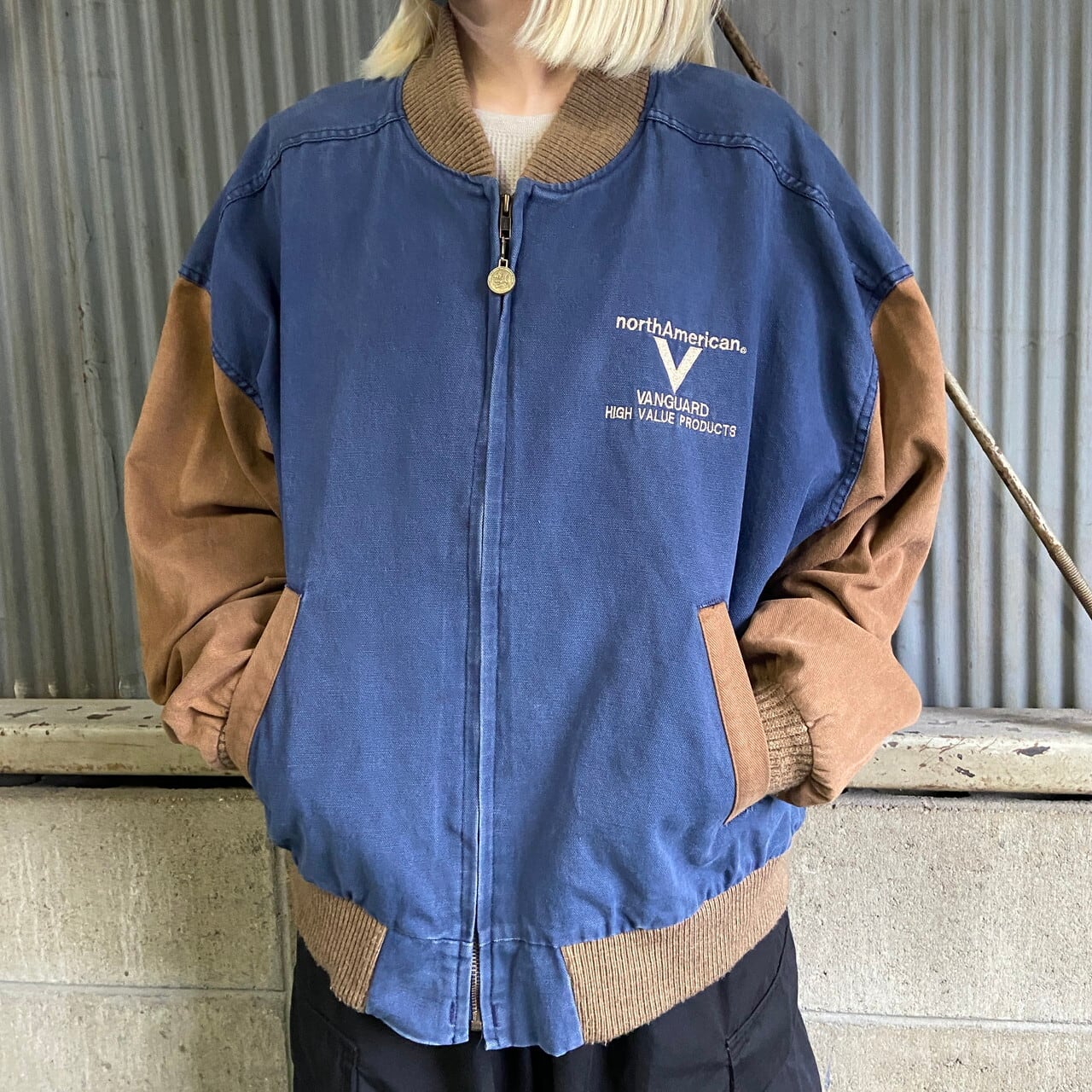 90s USA製 Dunbrooke 企業ロゴ 刺繍 デニムスタジャン メンズL 古着 