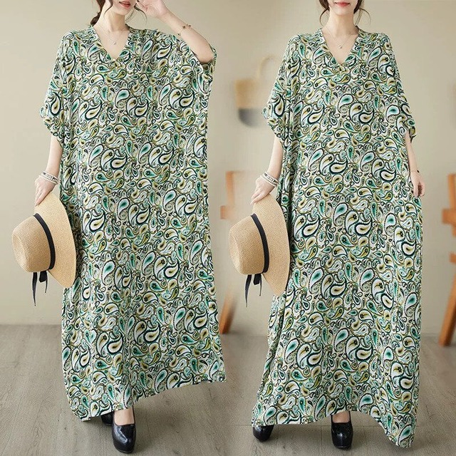 GREEN PRINT V-NECK HALF SLEEVES WIDE MAXI PULLOVER DRESS 1color M-16560