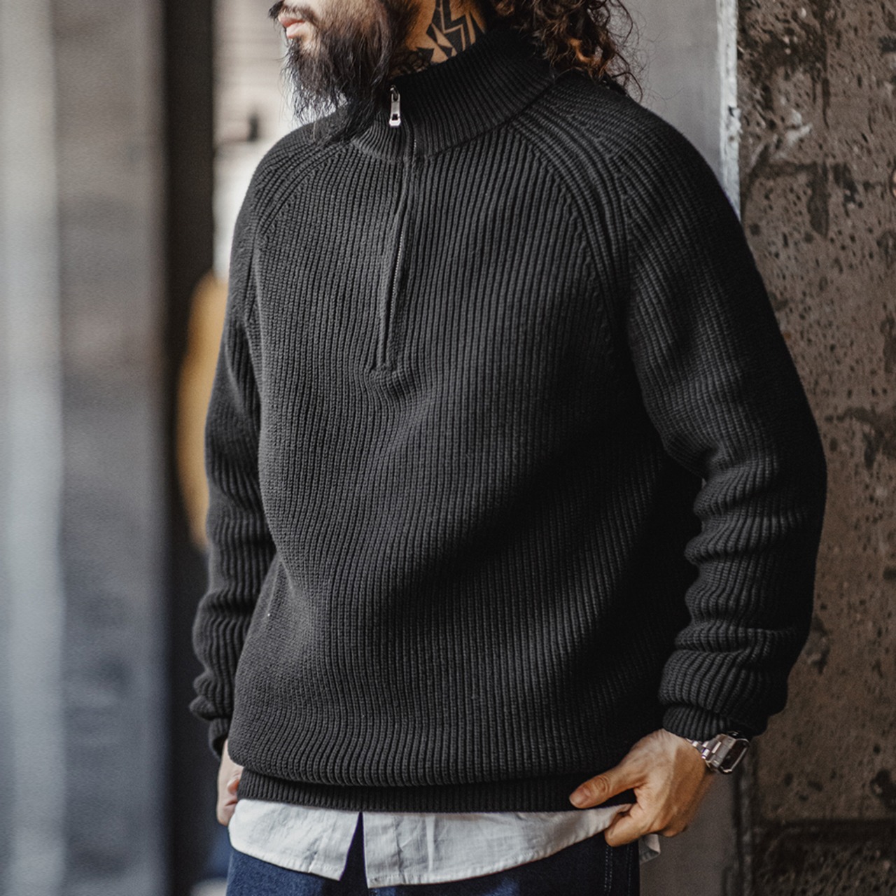 Half-Zip Solid Color Knitted Sweater / ハーフジップ ソリッド カラー ニット セーター