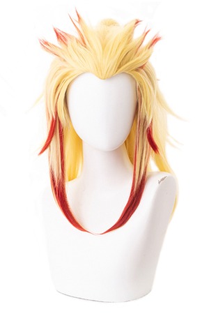 コスプレ耐熱ウィッグ イエローゴールド レッドメッシュ バンス付き ミディアムロング キャラクターウィッグ ★鬼滅の刃/煉獄杏寿郎 ★受注品★
