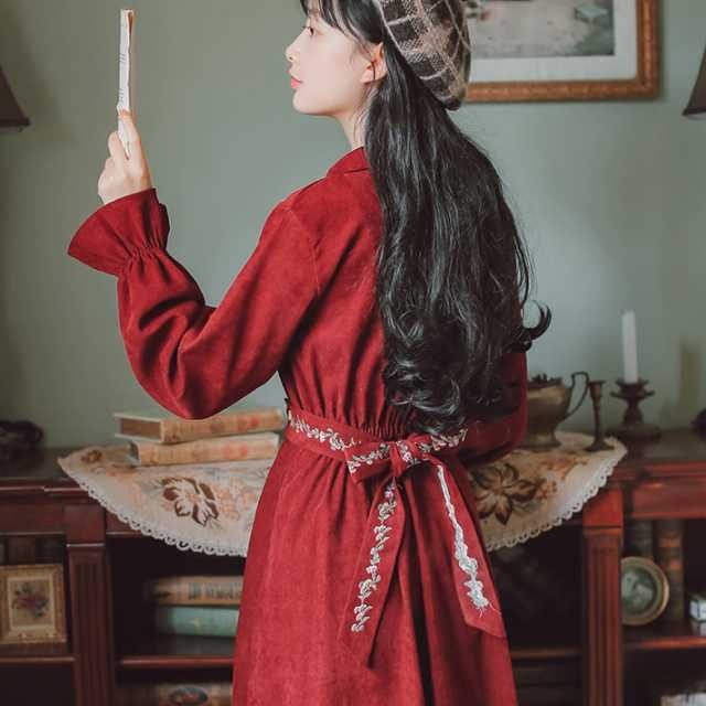 全4色 ワンピース レトロワンピース クラシカルワンピ レディース 秋冬ワンピース ワンピ ウエストリボン 刺繍 可愛い 無地 オシャレ ワンピース クラシカル ミディ丈 長袖 カワイイ 通勤 通学 夢かわ セットアップやパンツドレスなど二次会ドレスに合う海外