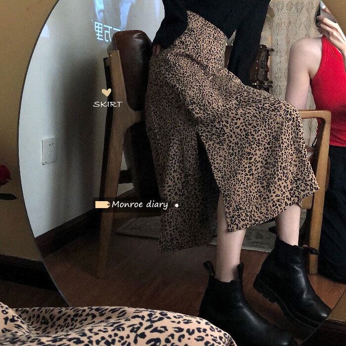 スタンダードレオパードプリント柄スカート ハイウェストウェスト薄手Aラインスプリングロング レトロ 春物 モンロー23133304224