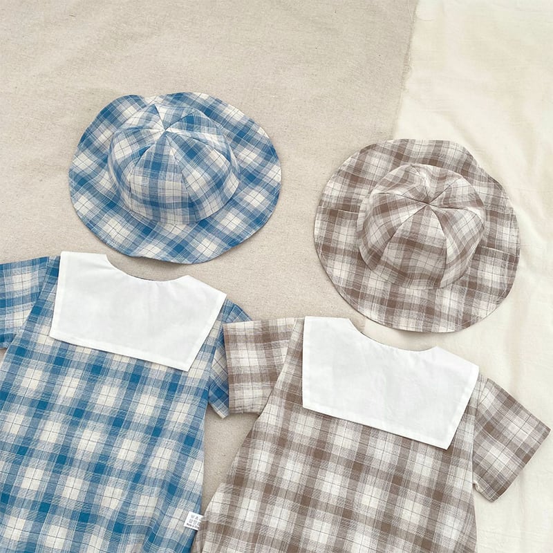BABY】夏新作帽子付きセーラーチェックロンパース | 韓国子供服通販 BABY】夏新作帽子付きセーラーチェックロンパース | 韓国子供服通販