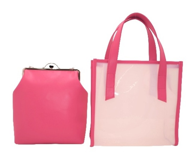 [JERI MARL] 透明 クリア トートバッグ がま口 ショルダー (ピンク) 夏バッグ 3way 工房 手作り 日本製 エコパッケージ MX-0022-192