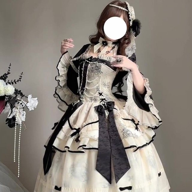 ゴシックロリータ｜黒リボンが揺れるクラシカル姫ドレス ペチコート付き（白×黒）｜SEASONZ