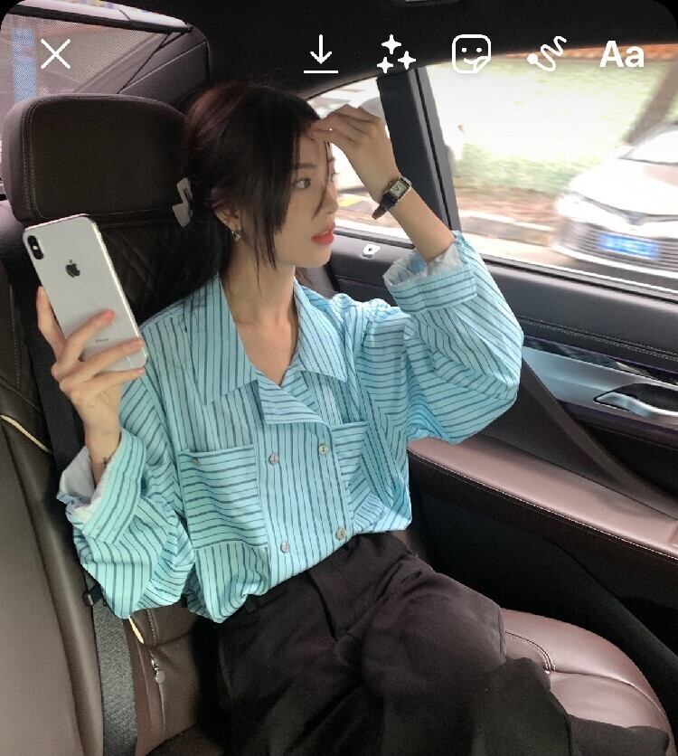 ブルーストライプシャツ オータム薄手ジャケット トップス ロング 秋物 モンロー25733856003