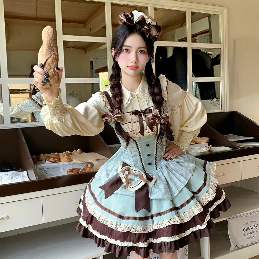甘ロリ チョコミント配色 小帽子付きジャンパースカート（バック
