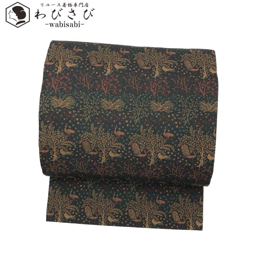 名古屋帯 真綿紬 美しい花柄織模様 黒色 O-4633