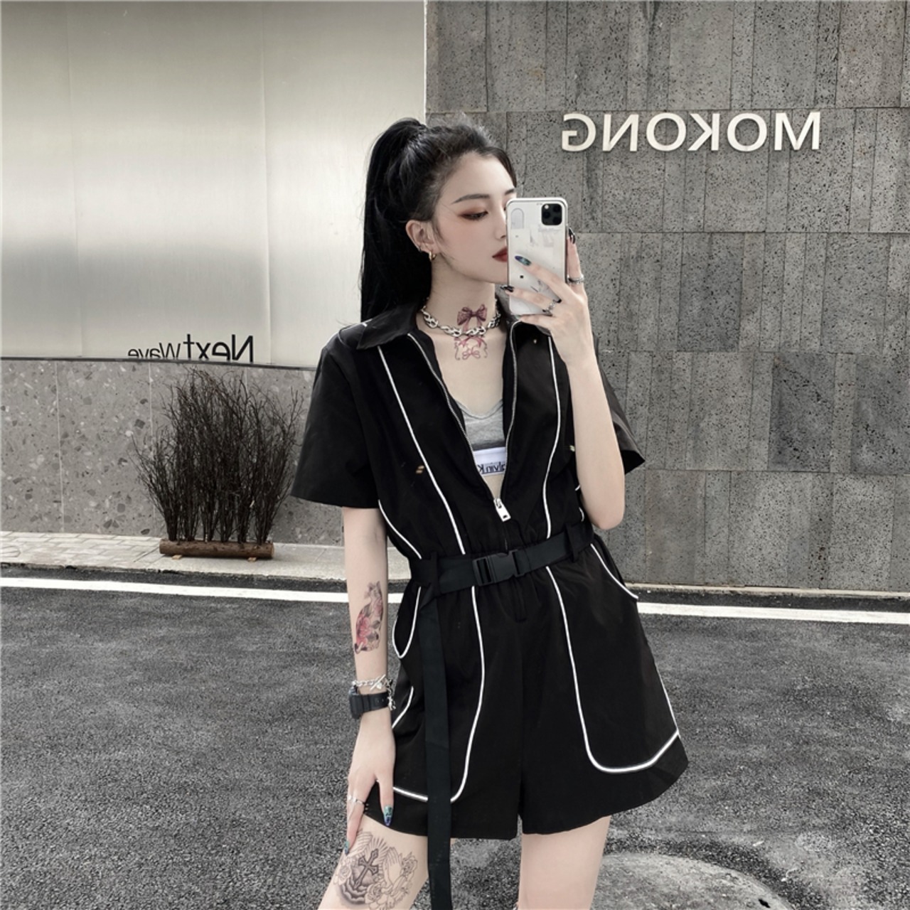 ブラックジャンプスーツ オールインワン レディース夏服韓国 