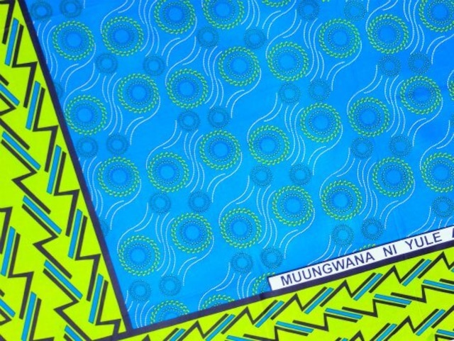 【カンガ】　ブルー×グリーン　ウェーブ　東アフリカ民族布 A002-0001-DSCF1861
