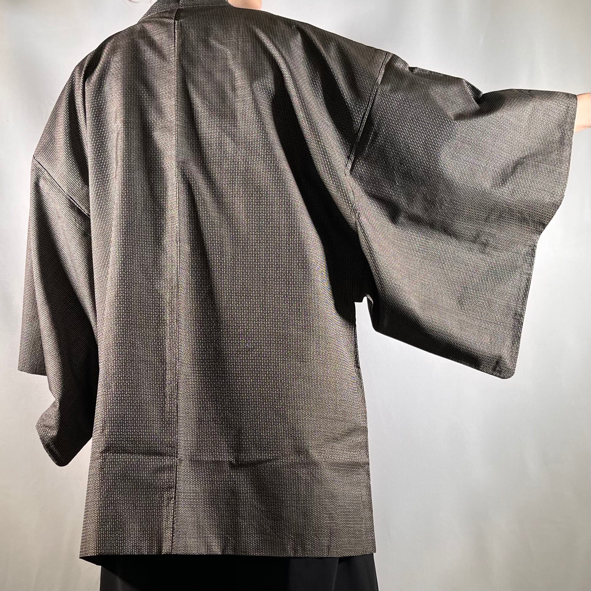 古布フード付きコート男物縞木綿着物と泥大島紬のコーディガンタイプ