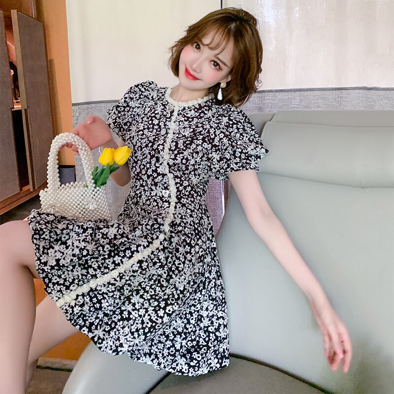 フローラル刺繍レーススリーブハイウェストウェストドレス サマー 夏物 花柄 ステッチ MIUCO55185033425