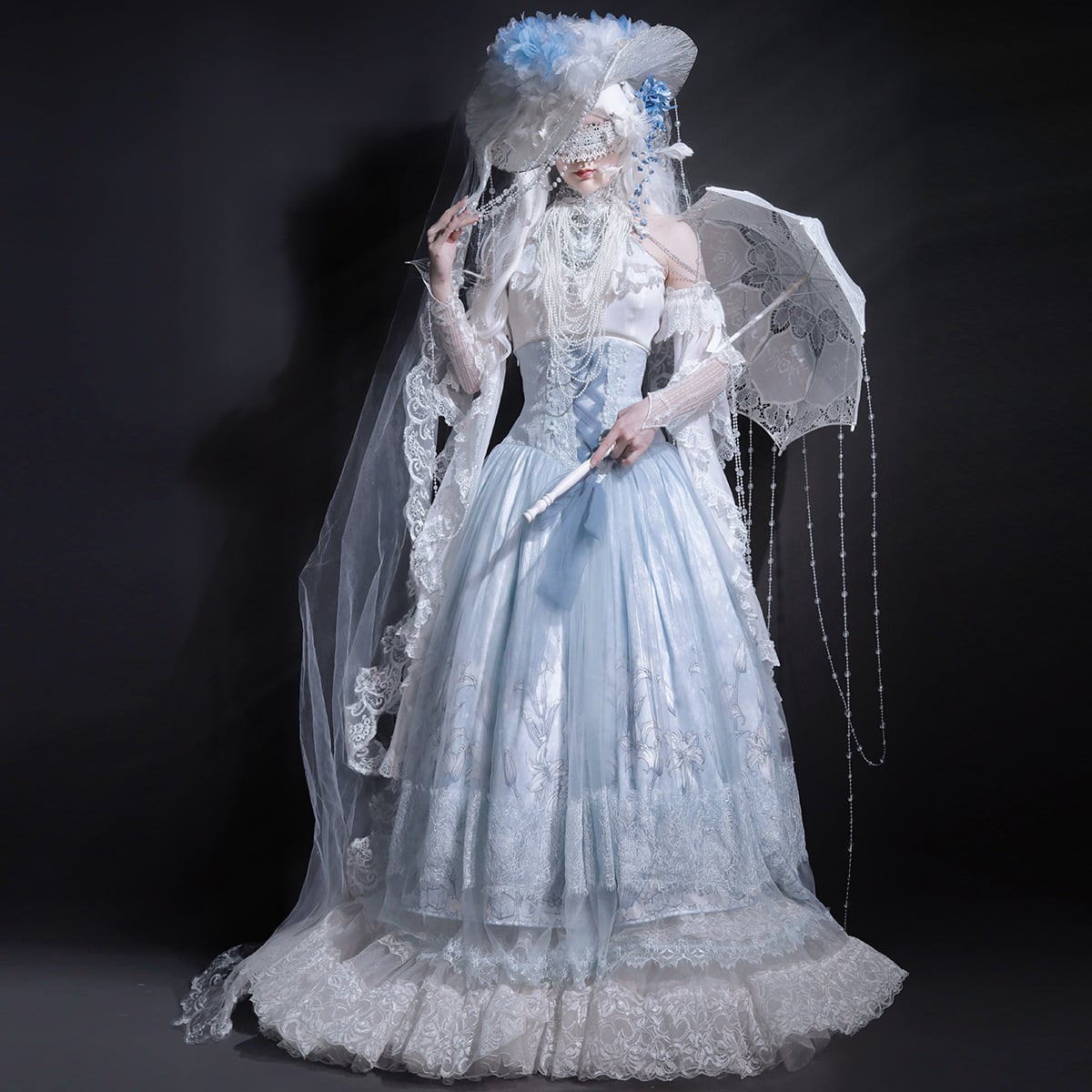 ロリータファッション 氷雨の花嫁 コルセット風ロングドレス3点セット