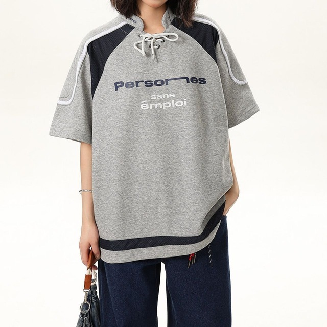 レースアップスポーツミックスロゴトップス 2col   R01758