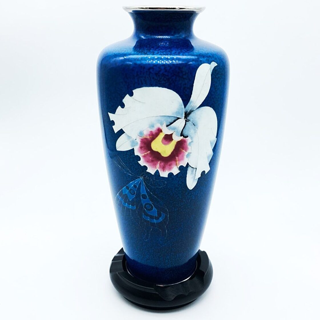 七宝焼 花瓶 青地縞釉 ブルー 花と蝶 花入 だいきち七宝工房 作家物 台 