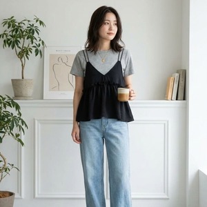 ツーピースセット レディース レイヤードキャミソール 半袖 Tシャツ ショートトップス 2点セット きれいめ カジュアル 大人 おしゃれ 大人可愛い 大人女子 エレガント 春 夏 デート お出かけ 休日 旅行 普段使い 重ね着 韓国 スタイル 送料無料 M L XL 2XL
