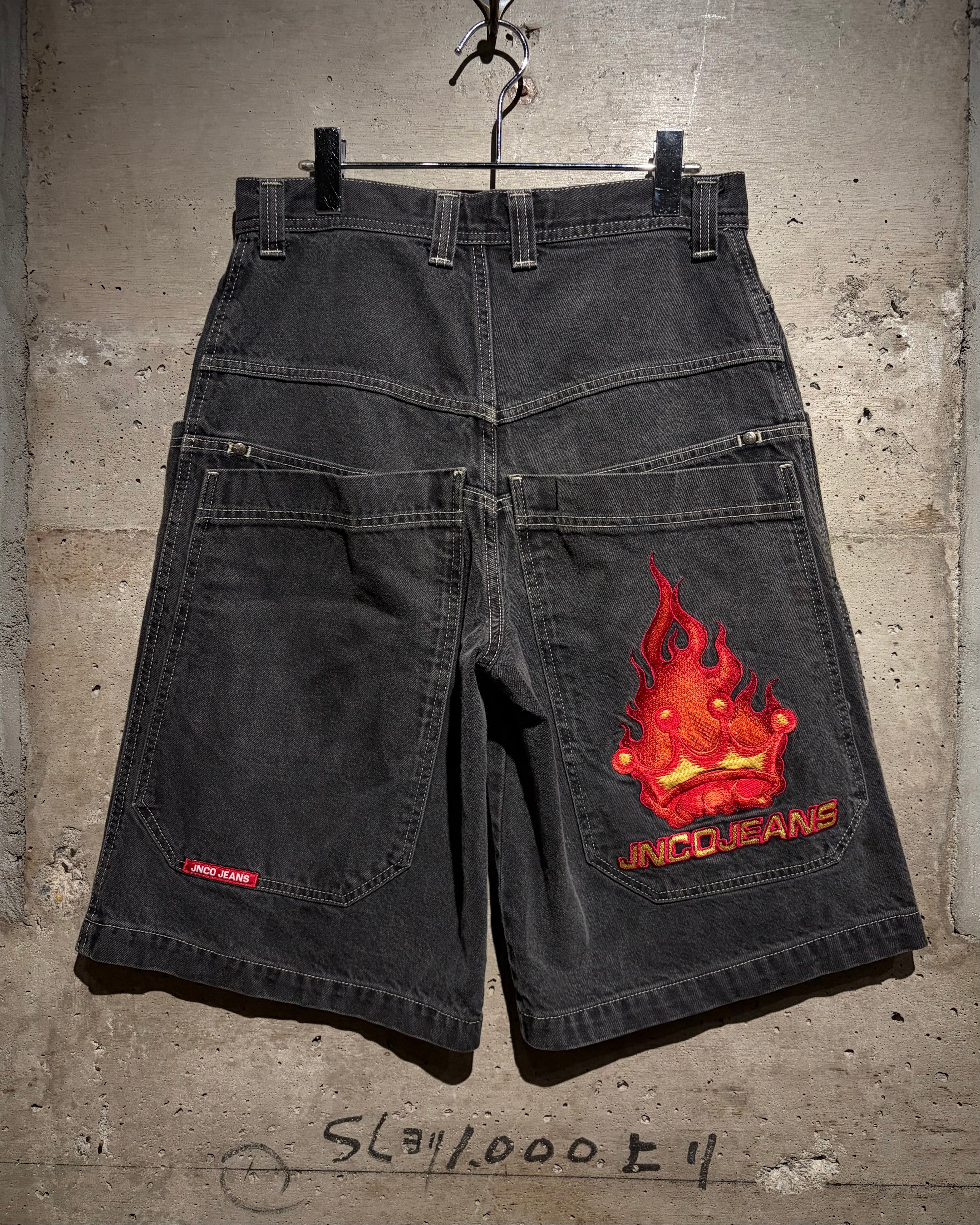 s*r様 【超激レア】00s jnco jeans炎 ブラックデニム SK8 Caka】“JNCO” Burning Crown Embroidery Vintage Fade Black Rave