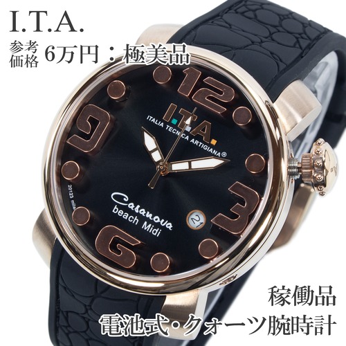 稼働品 送料無料 I.T.A. アイティーエー 腕時計 クォーツ メンズ カサノバビーチミディ 黒 ピンクゴールド 立体インデックス おしゃれ Q288