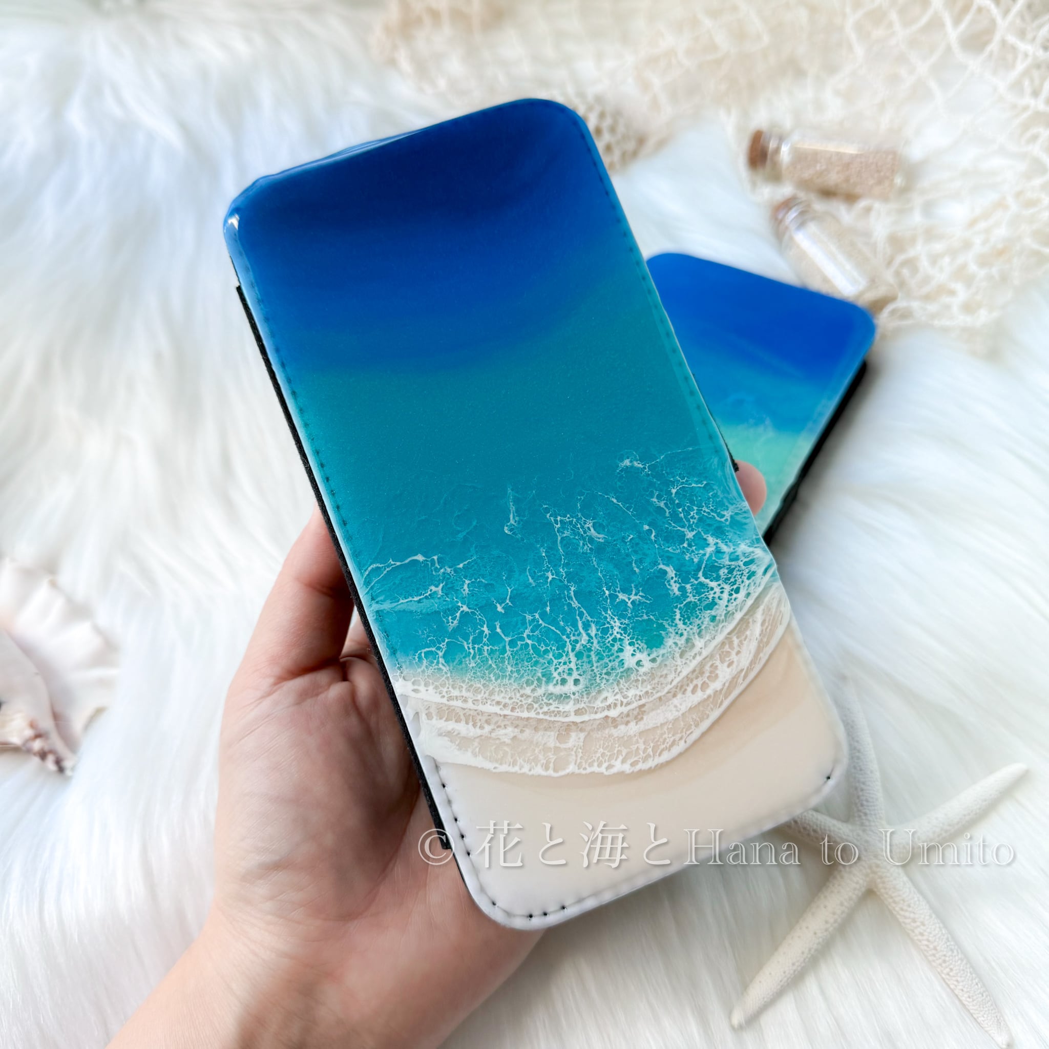 オーダ制作＊海と白波の手帳型スマホケース＊海レジンアート
