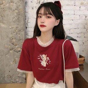 【送料無料】Tシャツ プリントTシャツ トップス 天使 レース ロゴ 英字 半袖 ゆったり レトロ 大人可愛い ガーリー フェミニン お出かけ デート 普段使い 着回し デイリー TP-189IU