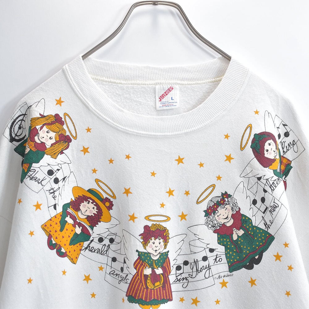 90s USA製 JERZEES ジャージーズ 天使 エンジェル デザイン プリント アート スウェット トレーナー ホワイト ヴィンテージ ビンテージ アメリカ古着 メンズL~サイズ
