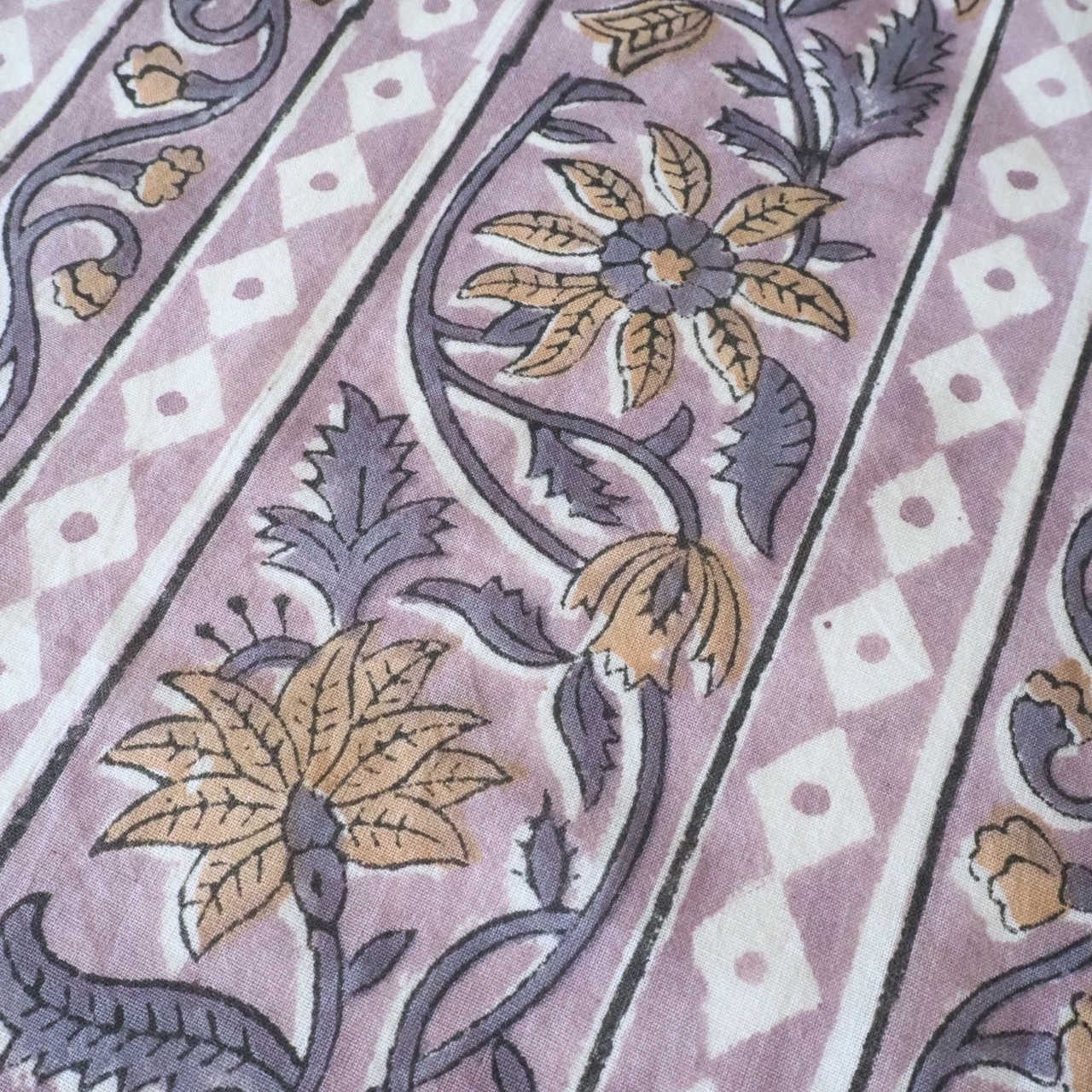 ブロックプリント生地【50cm単位】インド綿 ストライプ柄 くすみパープル #41482-PR3