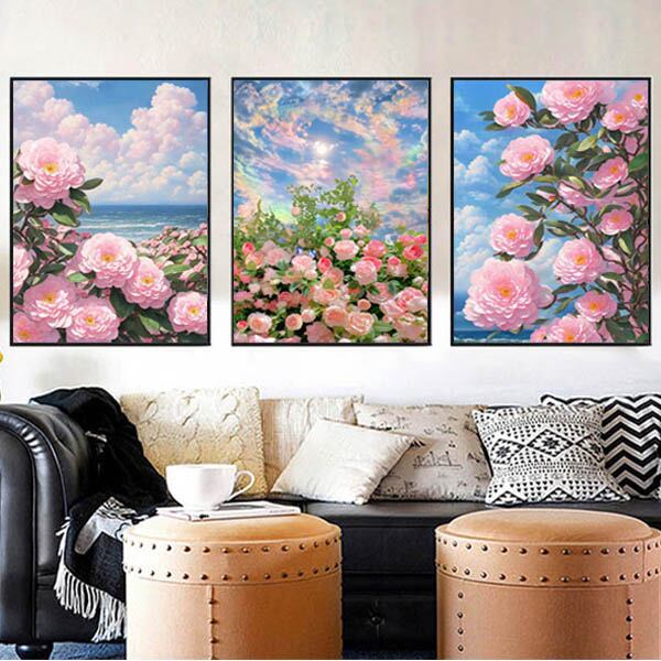 中級 フル ダイヤモンドアート キット ビーズ刺繍 椿 カメリア 青い空