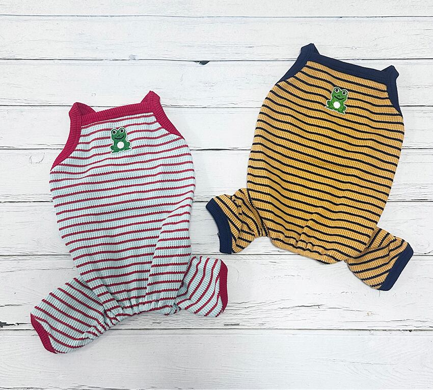 frog patch striped all in one S ~ XL 2color / 犬服 ボーダー オールイン  夏 袖なし 可愛い 犬の服 ドッグウェア 韓国 ペット ワンコ服 小型犬 中型犬 猫 ロンパース ストレッチ素材 tsu47
