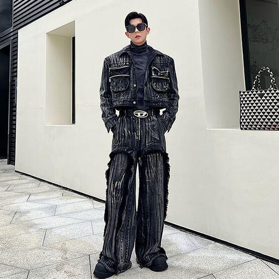 予約販売】メンズ セットアップ 上下 長袖 ストライプ柄 ダークグレー