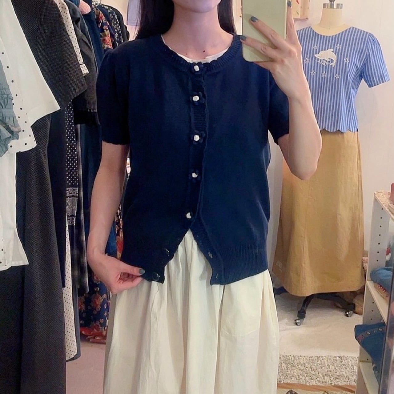 flower button navy knit cardigan