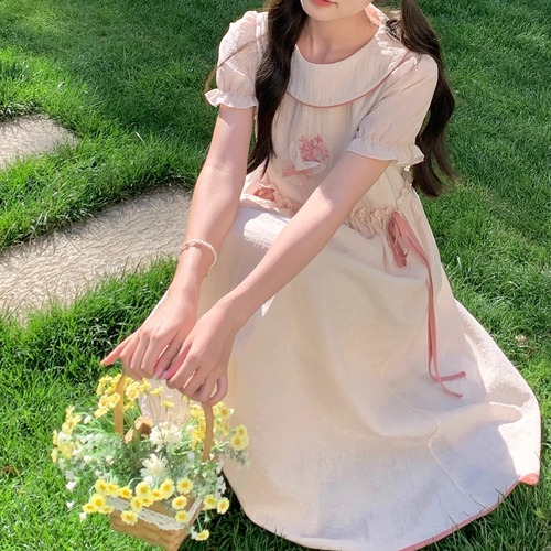 サイドリボンブーケデザインワンピ ・7254