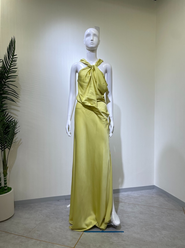 【新品DRESS 1931】ホルターネック アシンメトリードレープ スリット フレア ロングドレス イエロー インポートドレス 海外ドレス【aSOS】