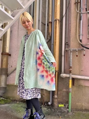 タイダイ染め Tie-dye 前開きワンピース　淡い和色のミントグリーンに幻想的で華やかな大曼荼羅 HD21-41