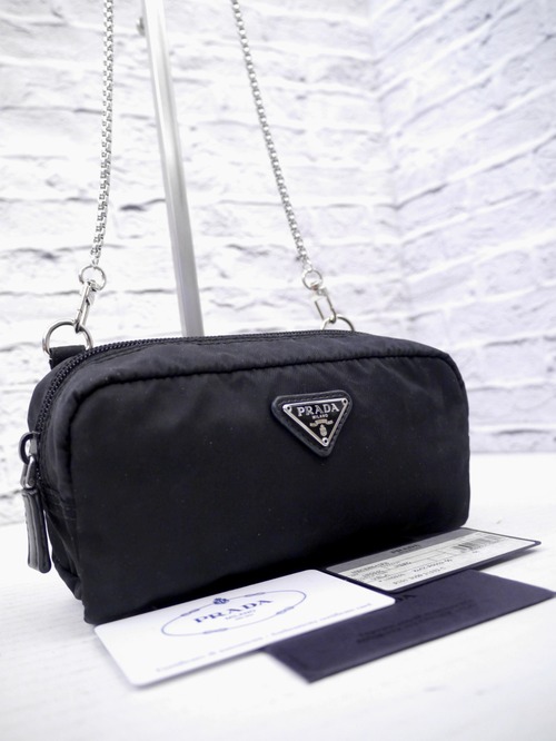 レア◆PRADA プラダ VELAヴェラ テスート ナイロンxレザー クロスボディ チェーンショルダー ミニ バッグ ポーチ 黒◆ クロスボディ仕様♪