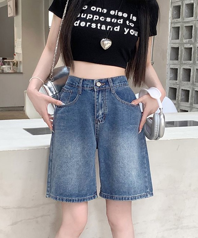 ハイウエストデニムショートパンツ
