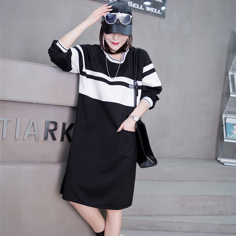 スプリングスカート ブラックホワイトストライプダブルポケットセーター ドレス ストリート 大きめサイズ 春物 ミックスインファッション40206384552
