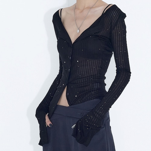 rib sheer glitter tops / l0516