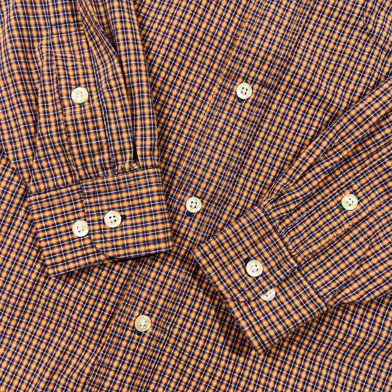 90s TOMMY HILFIGER トミーヒルフィガー フラッグ刺繍 チェック柄 長袖 ボタンダウンシャツ XS /オレンジ×ネイビー系 メンズ ビンテージ