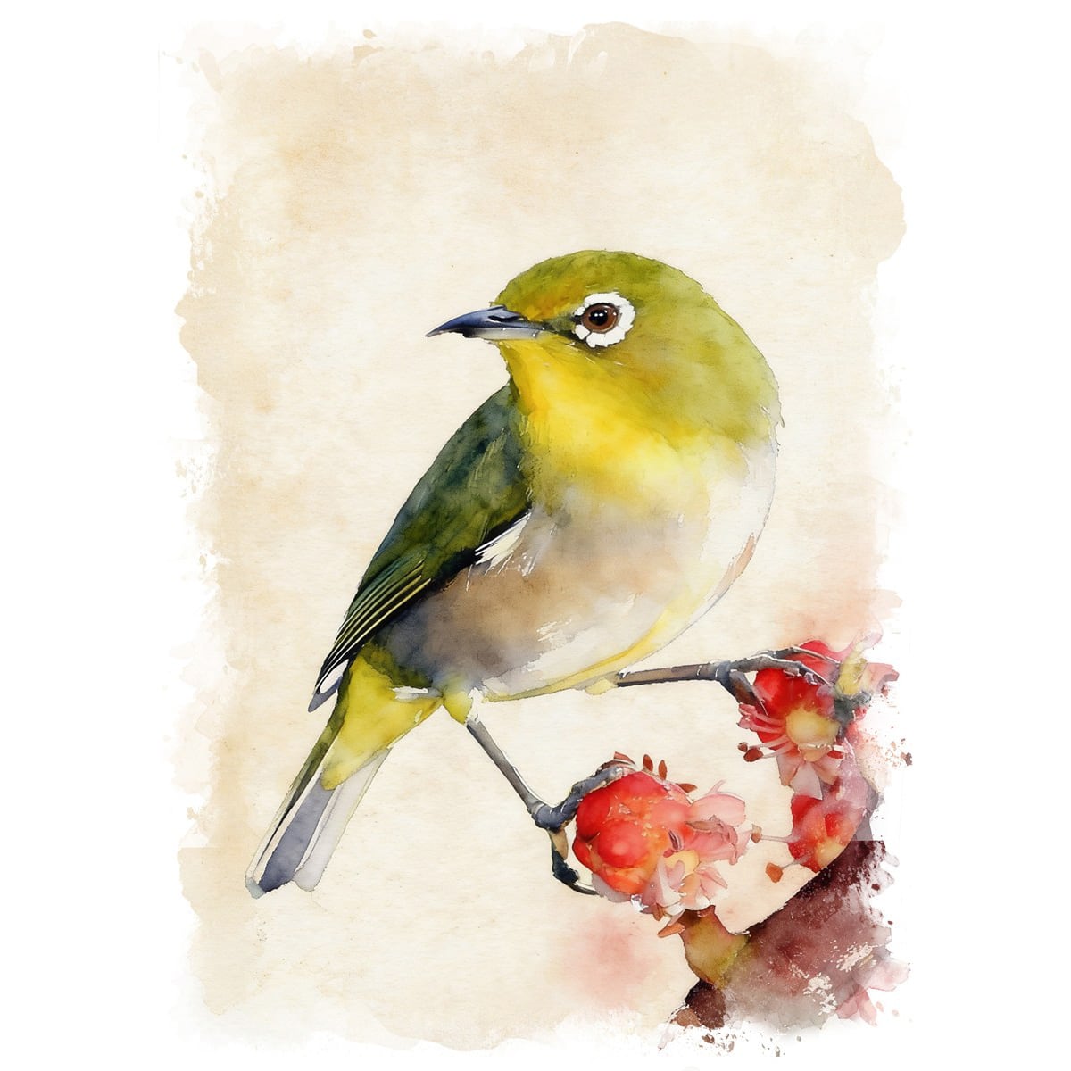 絵画 動物 鳥 メジロ インテリアアート額付き 水彩画・油絵風 WAT1128