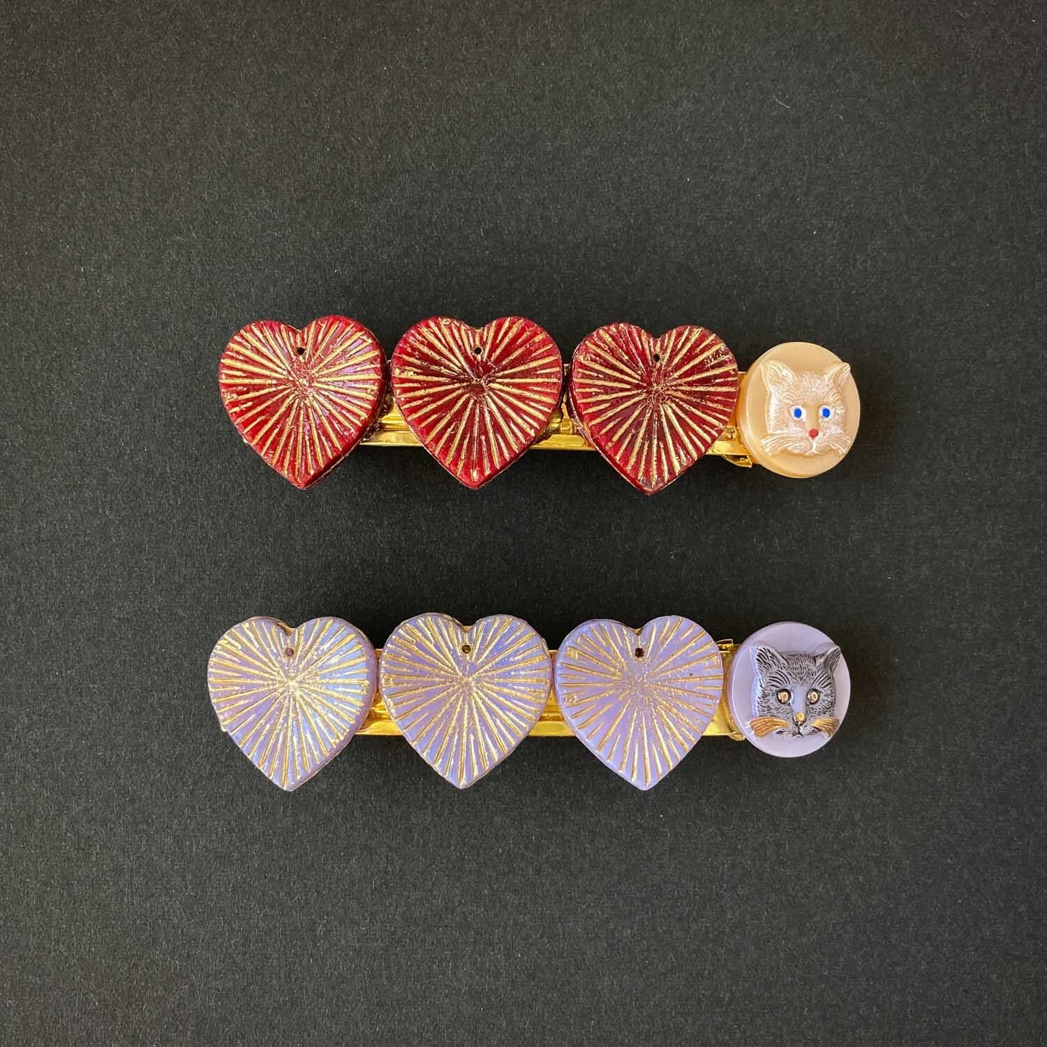 チェコ放射ハートとネコのバレッタ | Dua-アクセサリーパーツショップ