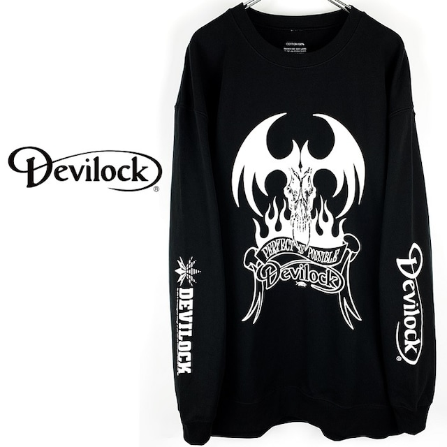 DEVILOCK / デビロック「FIRE TATTOO with VECTOR & DAIMLER SWEAT」オーバーサイズスウェット ビッグトレーナー 長袖 黒 ブラック デビル 悪魔 炎 両袖プリント ロゴ 2L 3L 4L スカル メンズレディース ハードコア パンクロック PUNKROCK バンド フェス ステージ衣装 Rogia